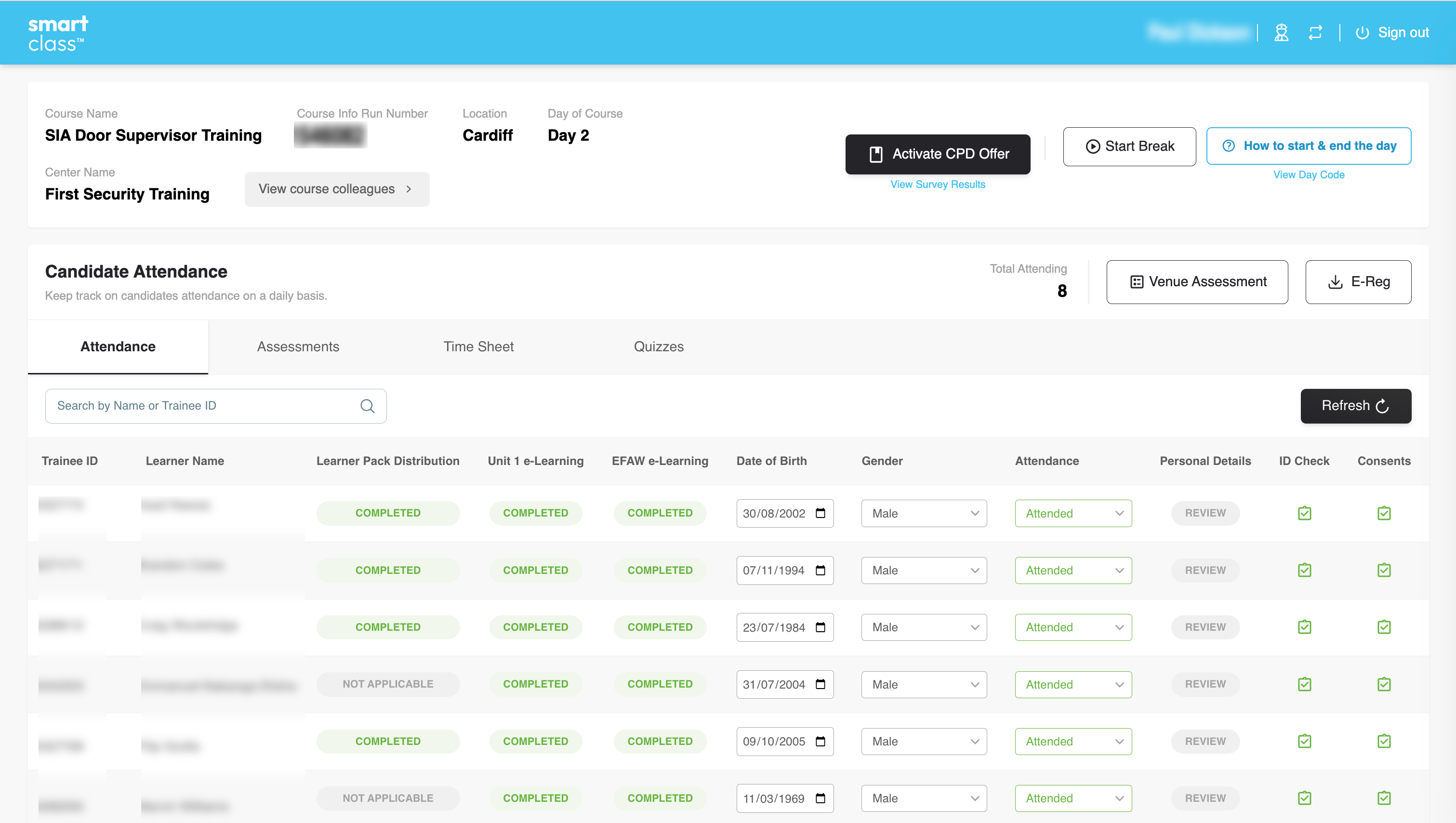 smart class trainer portal — attendance view